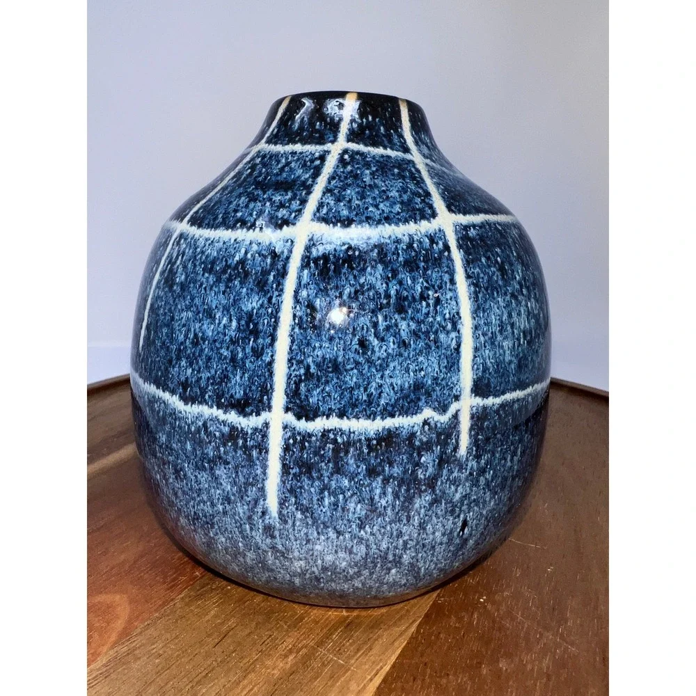 Modern‎ Blue Ceramic Vase Grid Pattern Home Decor Accent